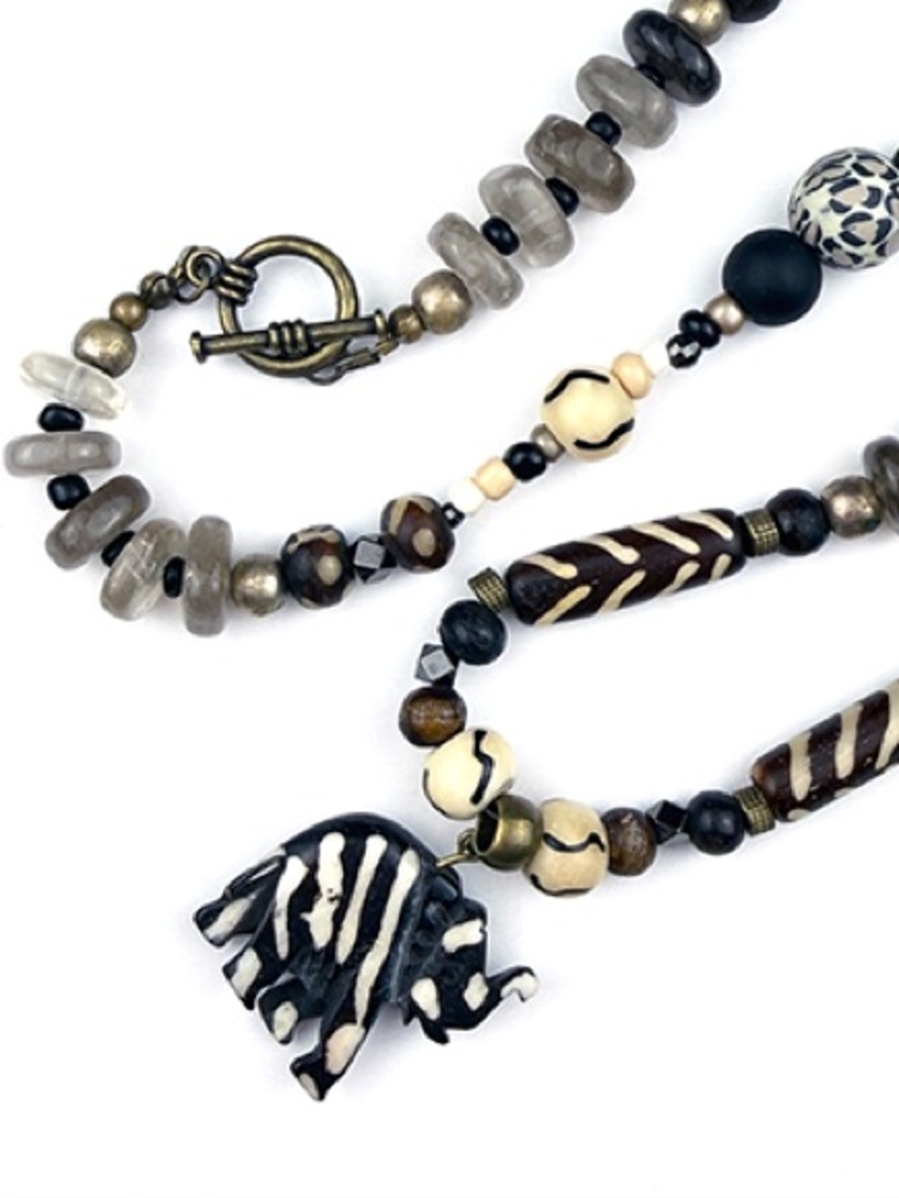 African Bone Beads Carved Elephant Necklace